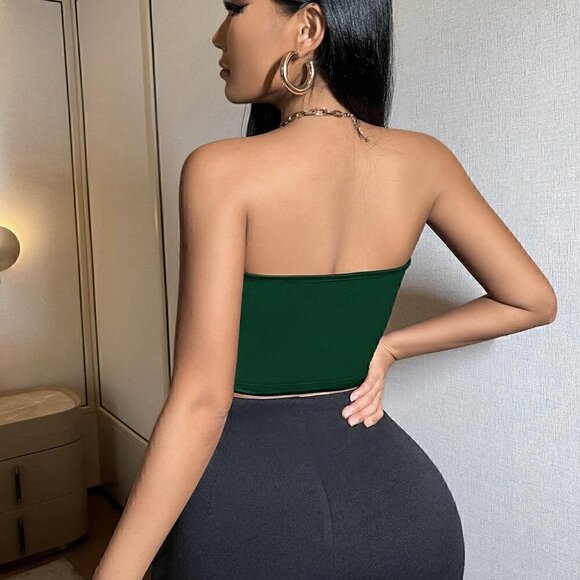 Green Casual Womens Satin Crop Bandeau Top - Picture 2 of 5